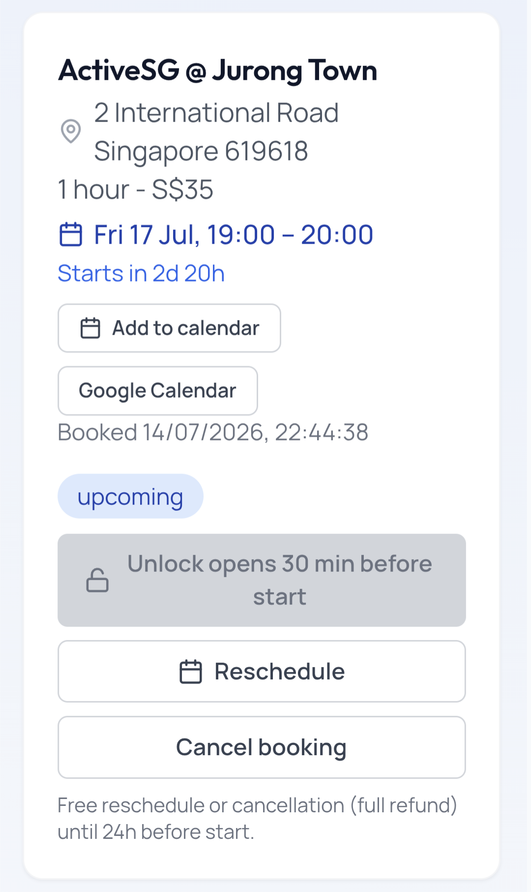 Tennis Machine SG booking management card showing an upcoming reservation with unlock, reschedule and cancellation options