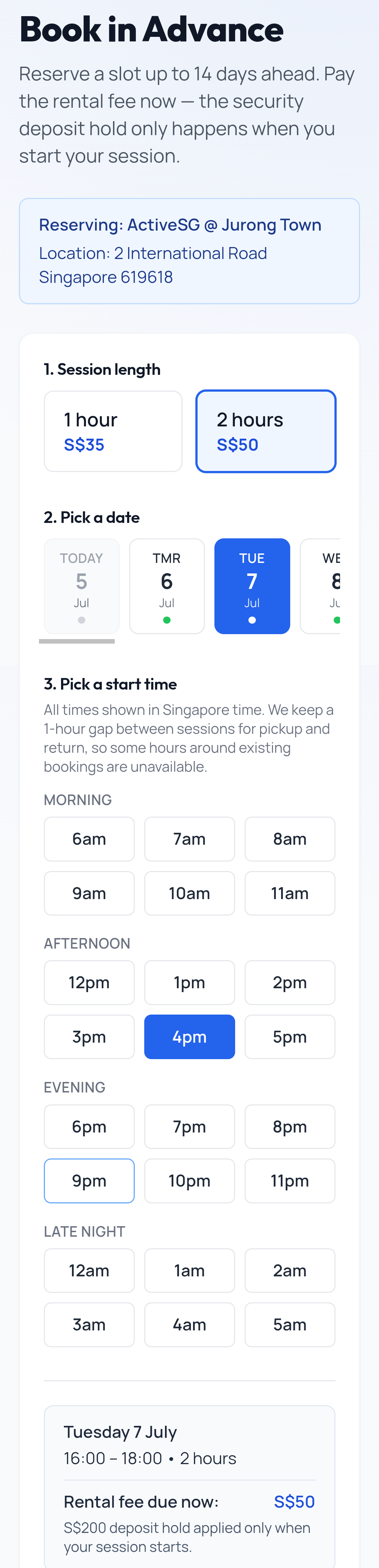 Tennis Machine SG advance booking page showing session length, date and start time selection for a court-side smart locker