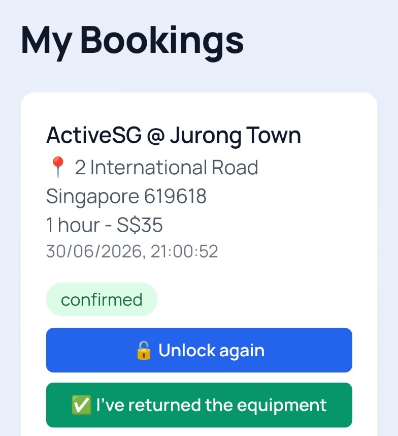 Tennis Machine SG booking page during an active session showing the Unlock again and I've returned the equipment buttons