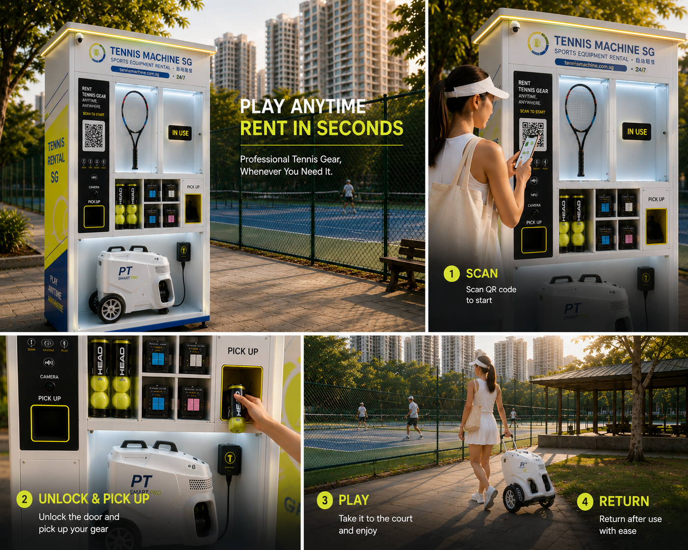 Smart Tennis Hub concept design showing the four self-service steps — scan the QR code, unlock and pick up the gear, take the ball machine to the court, and return it to the locker