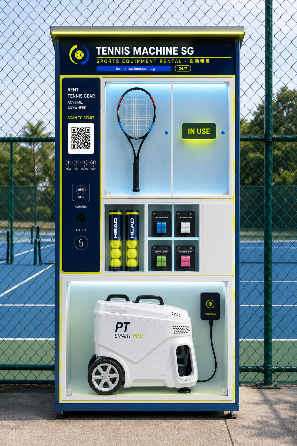 Smart Tennis Hub front panel design — QR scan and NFC access column, lit racket bay, ball and grip compartments, and a ball machine bay with charging dock at the base